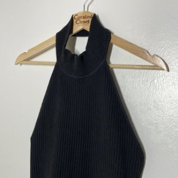 Ronny Kobo Mardelle Asymmetrical High Leg Slit Halter Black Ribbed Midi dress - Picture 6 of 12